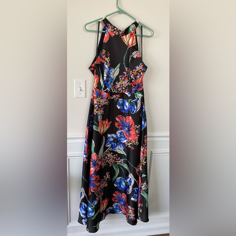 Tahari formal black floral satin dress.